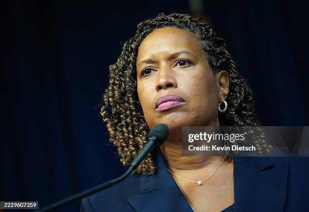 Washington, DC Mayor Muriel Bowser speaks at a press conference after President Donald Trump announced a federal takeover of the Metropolitan Police...