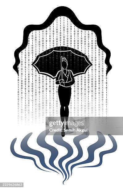 businesswoman with umbrella under binary rain – cybersecurity concept - corporate wellness program stock illustrations
