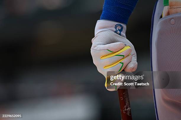 General view of the batting glove worn by Bo Bichette of the Toronto Blue Jays during the third inning in game one of a split doubleheader against...