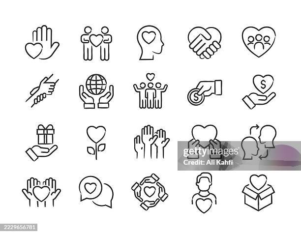 altruismus-symbole. doodle linie strich stil icon design sammlung. vektor-illustration. für website-design, logo, app, vorlage, benutzeroberfläche usw. - kindness stock-grafiken, -clipart, -cartoons und -symbole