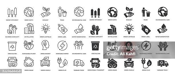 collection of sustainbility, ecology, environment, green, waste thin line and glyph solid icon. editable stroke and perfect pixel isolated on transparent background - biodegradable stock illustrations