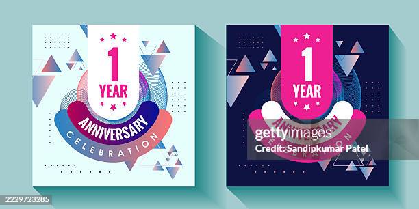 ilustraciones, imágenes clip art, dibujos animados e iconos de stock de 1 emblema de celebración de aniversario. diseño de plantilla de aniversario para tarjeta de felicitación e invitación de celebración - primer aniversario