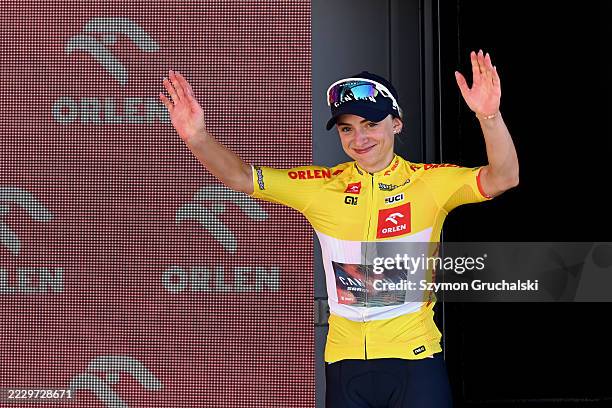Chiara Consonni of Italy and Team CANYON//SRAM zondacrypto celebrates at podium as Yellow jersey winner during the 13th Tour de Pologne Feminin,...