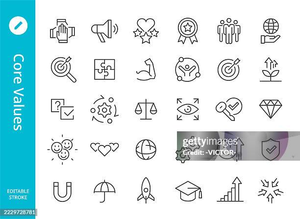 ilustraciones, imágenes clip art, dibujos animados e iconos de stock de iconos de valores - serie de línea de base - impacto