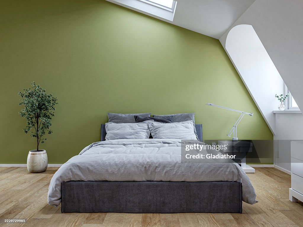 Vue de face d’une chambre mansardée moderne et minimaliste avec un lit, des fenêtres et une décoration