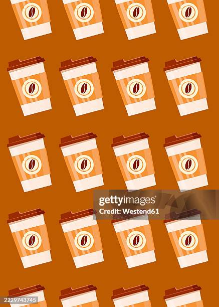 illustration of coffee cups in a repeating pattern on an orange background - reusable coffee stock illustrations