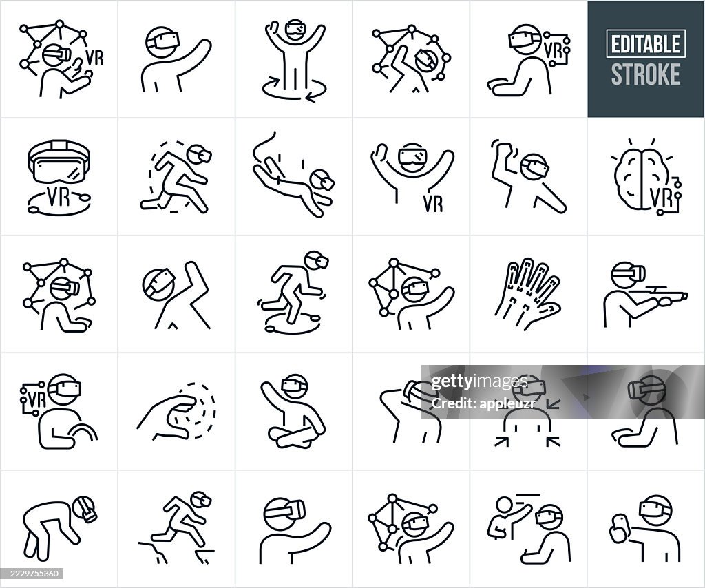 Virtual Reality Thin Line Icons - Editable Stroke - Icons Include People Using VR Technology, Augmented Reality, Mixed Reality, Virtual Simulation, VR Headset