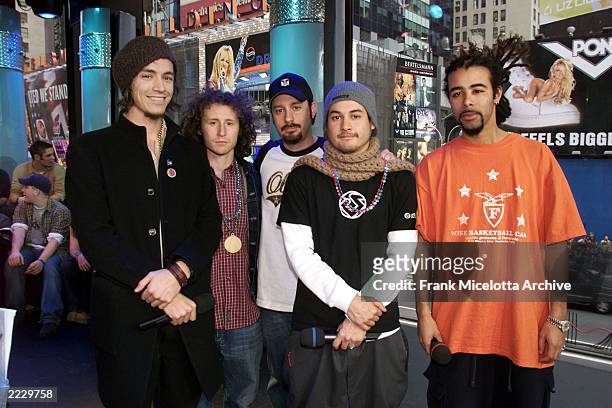 Brandon Boyd, Mike Einziger, Dirk "Alex" Lance, Jose Pasillas, and Chris Kilmore of Incubus on MTV TRL in the MTV Studio in New York City, 2/15/02....