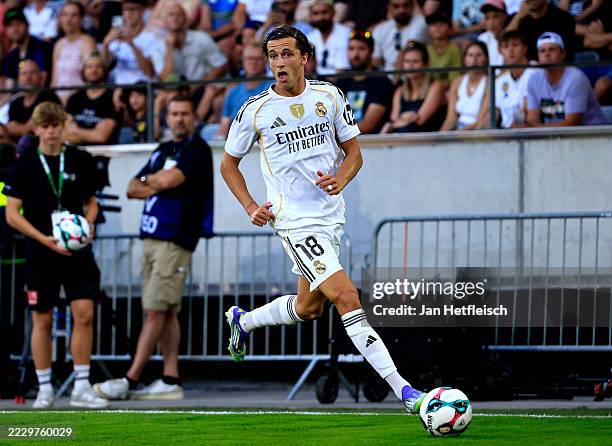 Alvaro Carreras of Real Madrid controls the ball during the pre-season friendly match between WSG Tirol and Real Madrid CF at Tivoli Stadion Tirol on...