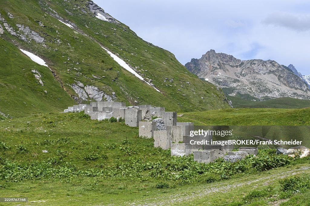 Historical border fortification military border fortification from World War II in the form of concrete blocks Blocks made of concrete on the border 2188 metre high border pass in the Alps between France and Italy Little Saint Bernard Pass, Col du Petit S