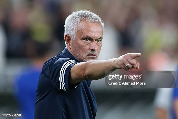 Head coach Jose Mourinho gestures during the UEFA Champions League Third Qualifying Round Second Leg match between Fenerbahce and Feyenoord at Ulker...