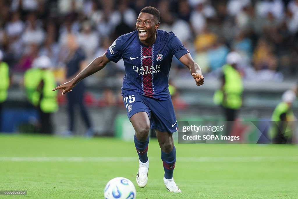 Nuno Mendes of Paris seen in action during the 2025 UEFA Super Cup ...