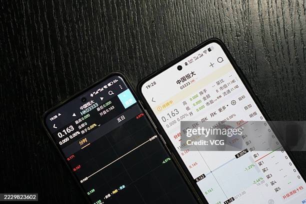In this photo illustration, a man checks the stock details of Evergrande Group on August 12, 2025 in Shanghai, China. Evergrande Group issued an...