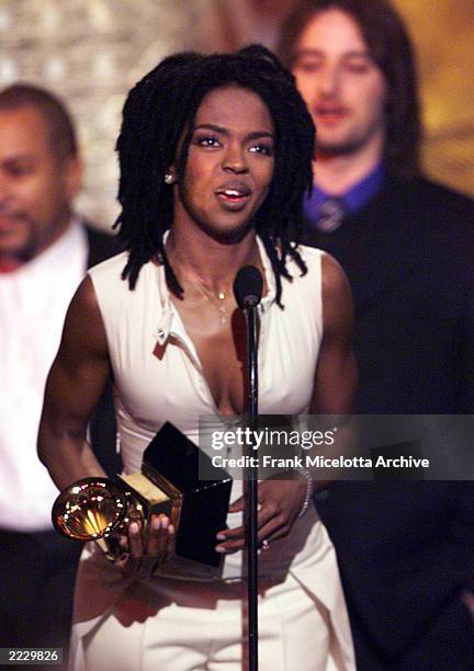 Lauren Hill with her award for Album of the year at the 41st Annual Grammy Awards in Los Angeles. She won five Grammy Awards.