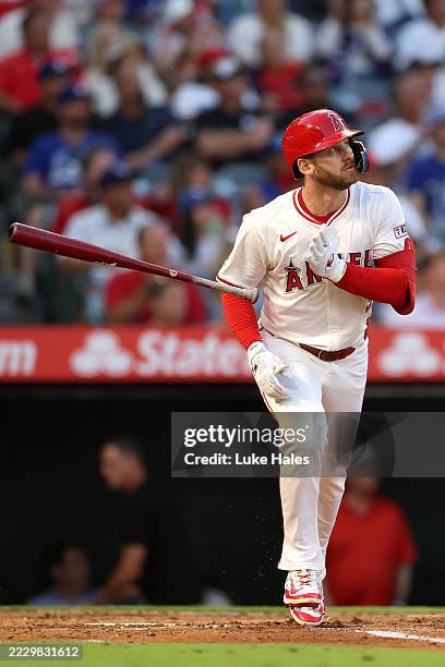 Taylor Ward of the Los Angeles Angels reacts after a solo home run against the Los Angeles Dodgers during the third inning at Angel Stadium of...