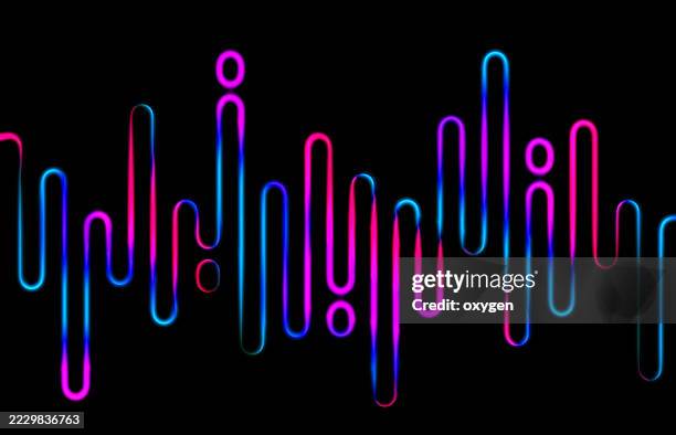 neon soundwave-inspired lines on black background. glowing pink and blue neon lines resembling soundwaves or equalizer bars on a black background, creating a modern, tech-inspired abstract. - hartmonitor stockfoto's en -beelden