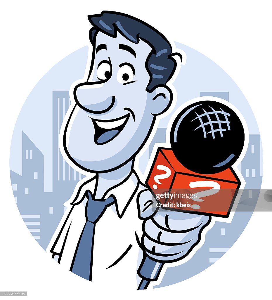 Journalist With Microphone Doing A Street Interview High-Res Vector ...