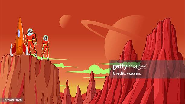 vector retro astronaut standing on a planet stock illustration - astronaut visor stock illustrations