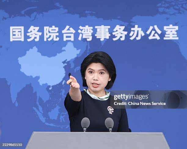 Zhu Fenglian, spokeswoman for the Taiwan Affairs Office of the State Council, speaks at a regular press conference on August 13, 2025 in Beijing,...