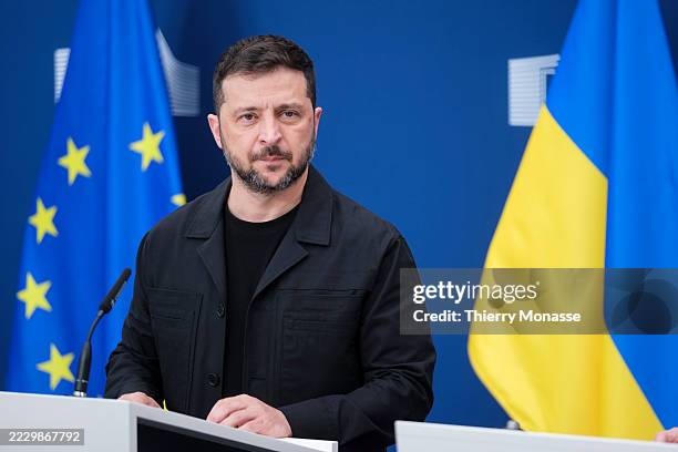 President of Ukraine Volodymyr Zelenskyy and the EU Commission President talk to media prior a virtual meeting with EU leaders in the Berlaymont, the...