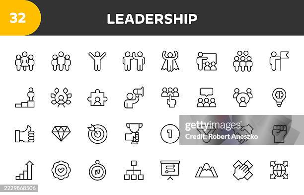 ilustraciones, imágenes clip art, dibujos animados e iconos de stock de iconos de línea de liderazgo. trazo editable. contiene iconos como líder, gerente, éxito, negocios, trabajo en equipo, visión, estrategia, delegación, comunicación, orientación, motivación. - lider