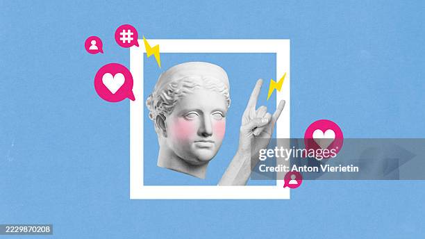 Collage of sculpture face with pink cheeks making hand gesture with social icons on blue background