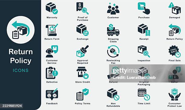 return policy solid icons collection.containing seller, rules, customer, purchase, exchange, feedback, refund, warranty, receipt, damaged, defective, time, inspection, shopping online, application - warehouse background stock illustrations
