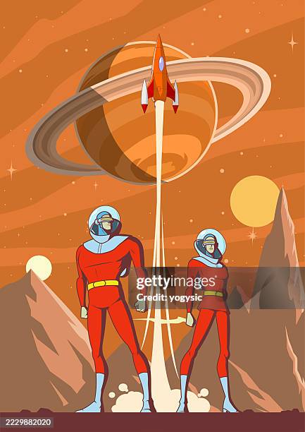 vector retro astronaut standing stock illustration - astronaut visor stock illustrations