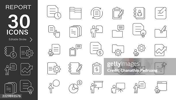 report line vector icon set. pixel perfect. editable stroke. stock illustration. icon symbol, document, paper, annual report - folder isolated stock illustrations