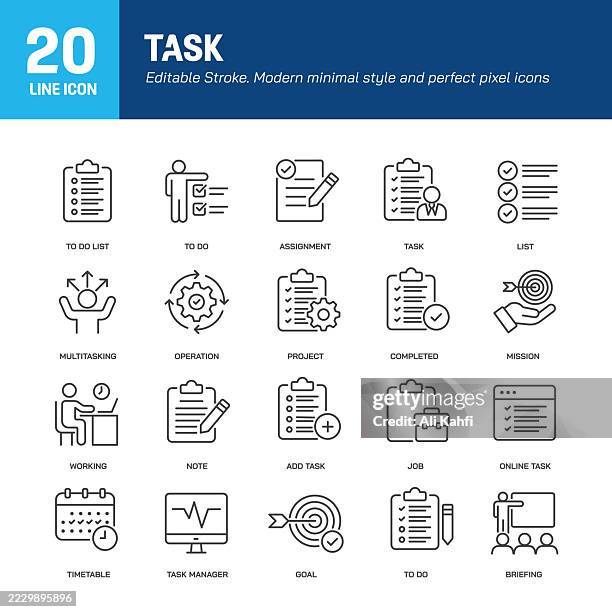 ilustraciones, imágenes clip art, dibujos animados e iconos de stock de iconos de línea de tareas. trazo editable. contiene la colección de iconos de tareas pendientes, proyectos, objetivos, progresos, líneas de trabajo. ilustración vectorial. para diseño de sitios web, logotipo, aplicación, plantilla, interfaz de usuari - tarea doméstica