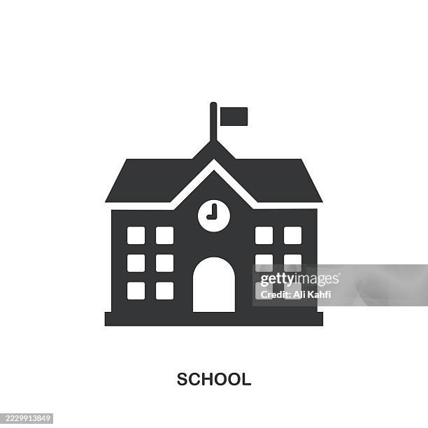 ilustraciones, imágenes clip art, dibujos animados e iconos de stock de icono de glifo sólido de la escuela. icono sólido que se puede aplicar en cualquier lugar, simple, pixel perfect y estilo moderno. - edificio escolar