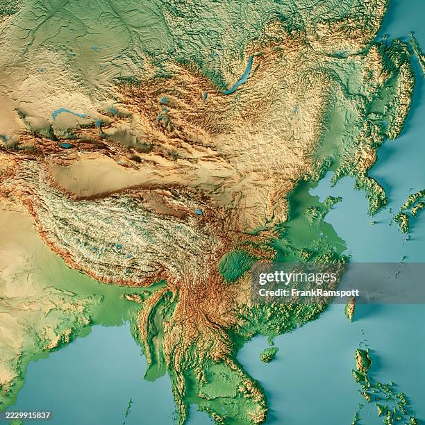 china 3d render topographic map color - east asia stock pictures, royalty-free photos & images