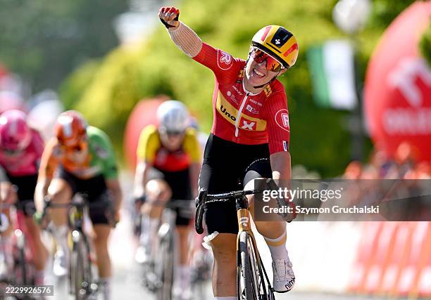 Linda Zanetti of Switzerland and Team Uno-X Mobility crosses the finish line on first place during the 13th Tour de Pologne Feminin, Stage 2 a 100km...