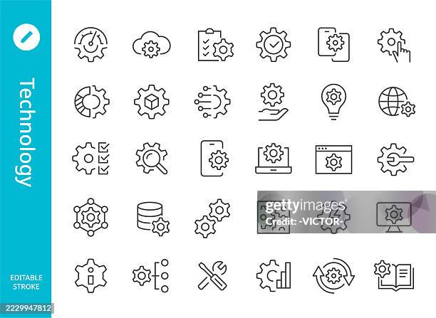 ilustraciones, imágenes clip art, dibujos animados e iconos de stock de iconos de tecnología - serie line - rueda dentada