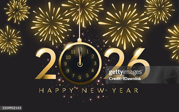 happy new year 2026 web banner design clock striking midnight template with fireworks in gold colors and sparkles of light - time lapse clock stock illustrations