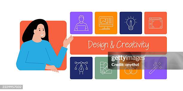 graphic design and creativity concept banner design. designer, computer, colors, inspiration - creative director stock illustrations