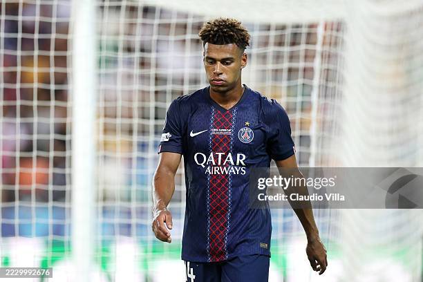Desire Doue of Paris Saint-Germain looks dejected as he leaves the pitch due to a subsitution during the UEFA Super Cup 2025 match between Paris...