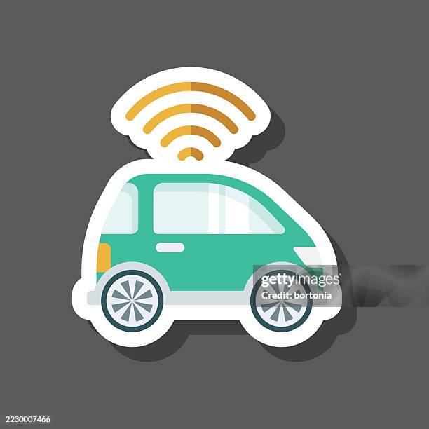selbstfahrendes auto aufkleber symbol - kabelloses-laden-von-gerät-zu-gerät stock-grafiken, -clipart, -cartoons und -symbole