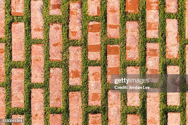 grass on the brick flooring - brick path stock pictures, royalty-free photos & images