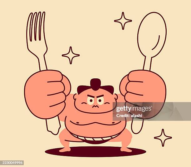 a cute sumo wrestler, crouching, holding a spoon and fork - man ready to eat stock illustrations