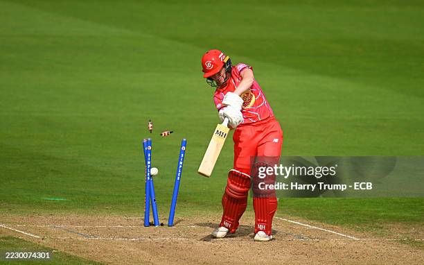 Emily Windsor of Welsh Fire is bowled during the The Hundred match between Welsh Fire Women and Manchester Originals Women at Sophia Gardens on...