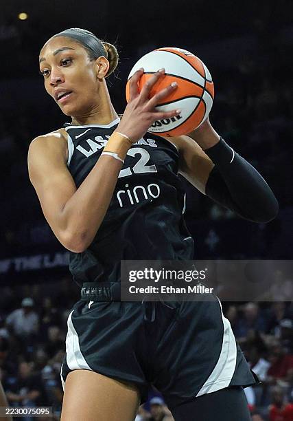 Ja Wilson of the Las Vegas Aces grabs a rebound against the New York Liberty in the third quarter of their game at Michelob ULTRA Arena on August 13,...