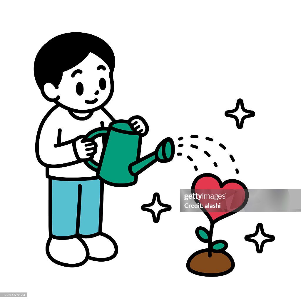 A cute boy is growing a Love Tree, holding a green watering can. Black outline with flat colors, minimalist style