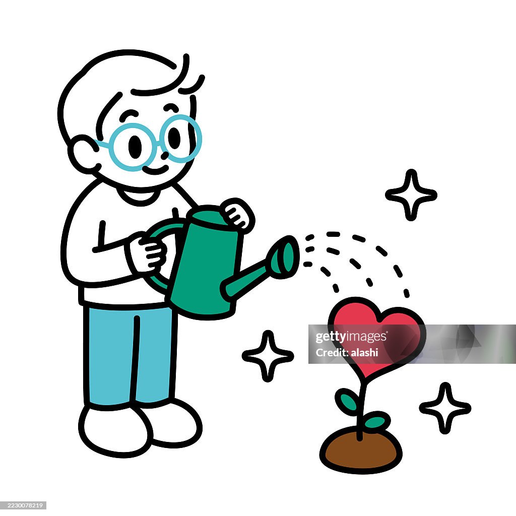 A cute boy is growing a Love Tree, holding a green watering can. Black outline with flat colors, minimalist style