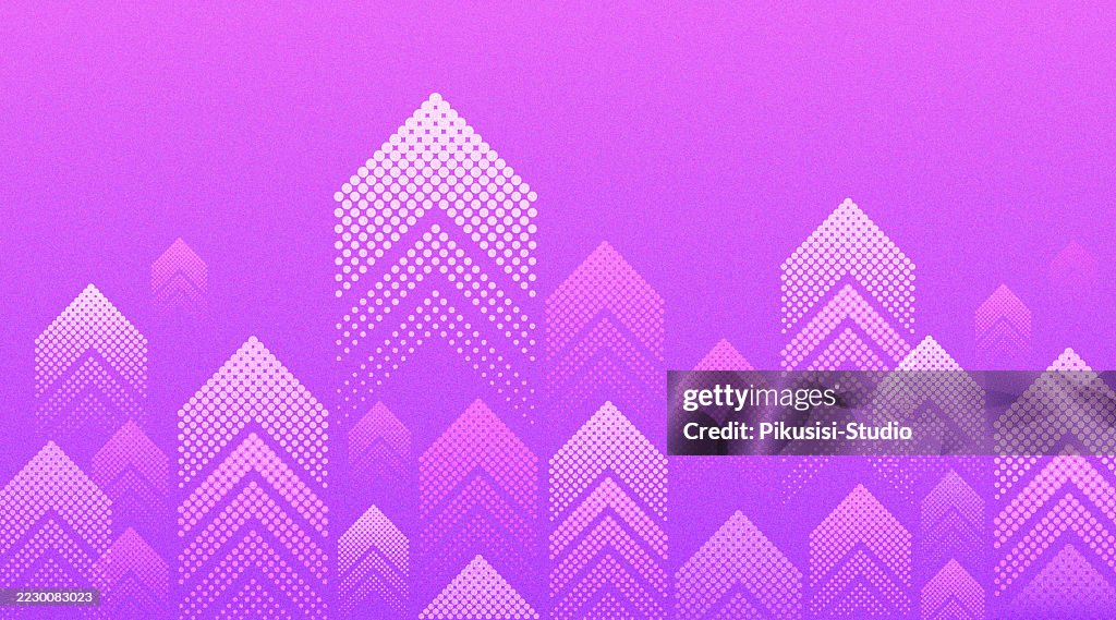 Abstract halftone upward arrows on a purple
gradient background, symbolizing upward motion.