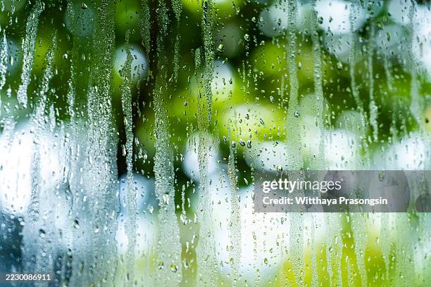 condensation on window with green bokeh background creating relaxing atmosphere - condensación fotografías e imágenes de stock