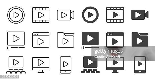 sammlung von video-play-symbolen. bearbeitbarer strich. symbole der serie für dünne linien und glyphen im festen stil - kinofilm stock-grafiken, -clipart, -cartoons und -symbole