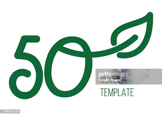 number 50 template with green leaf design - modern anniversary celebration typography - field guide logo stock illustrations