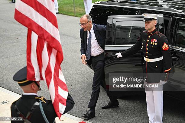 German Chancellor Friedrich Merz arrives at the White House South Portico in Washington, DC, on August 18, 2025. European leaders join Ukrainian...