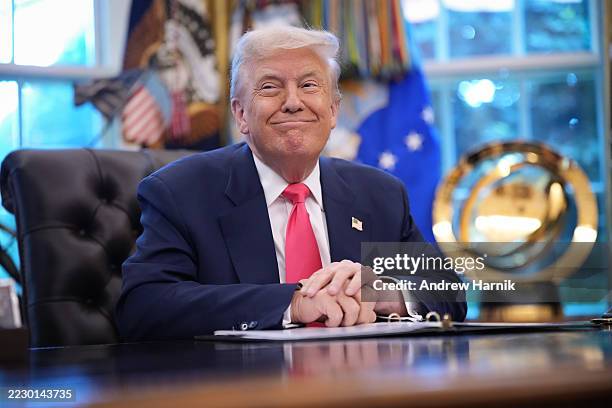 President Donald Trump speaks in the Oval Office on August 14, 2025 in Washington, DC. Trump is expected to issue a proclamation on the 90th...